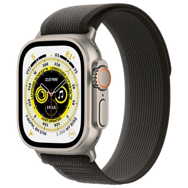 Apple Watch Ultra, 49mm, Natural Titanium, Black/Gray Trail Loop M/L